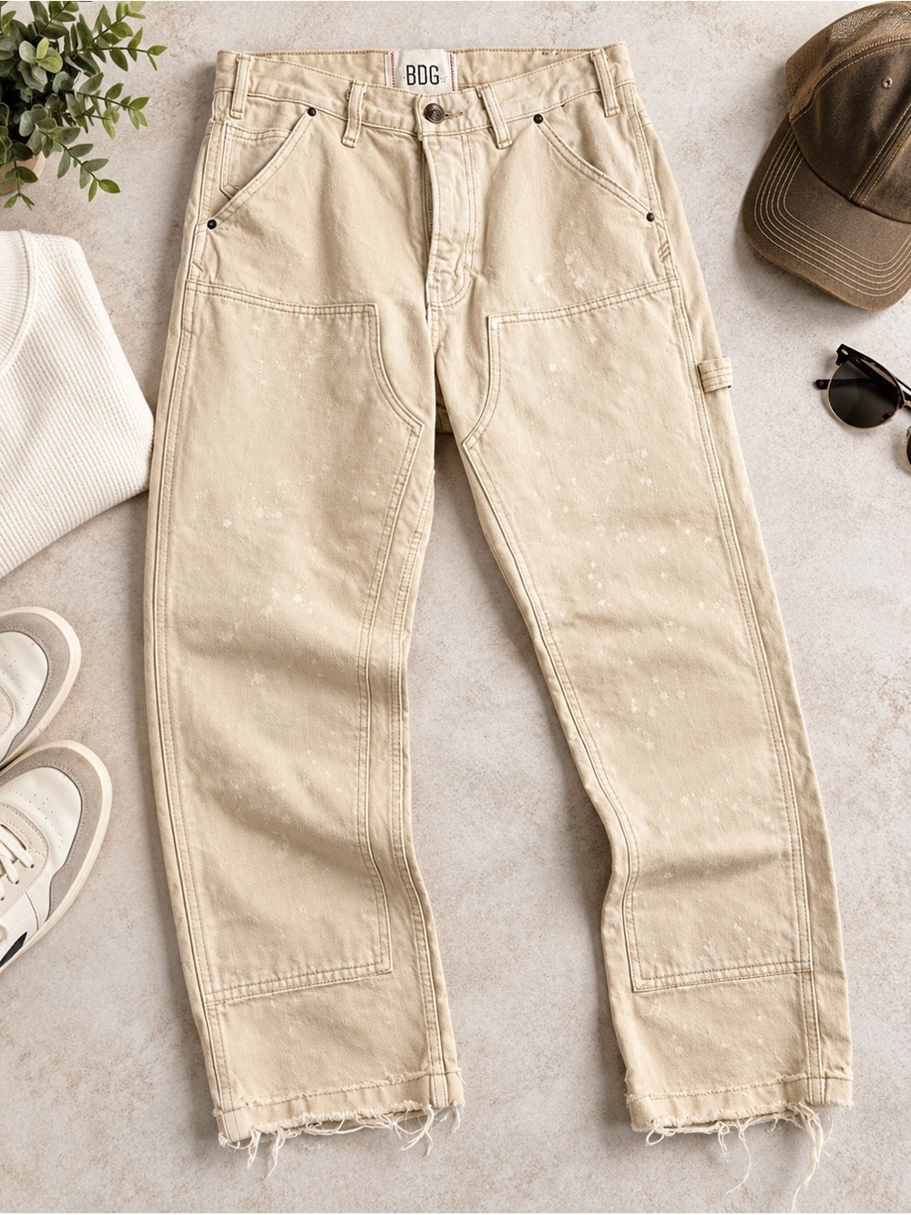 BDG Cream Carpenter Utility Jeans Straight Leg 30/32 Distressed Raw Hem